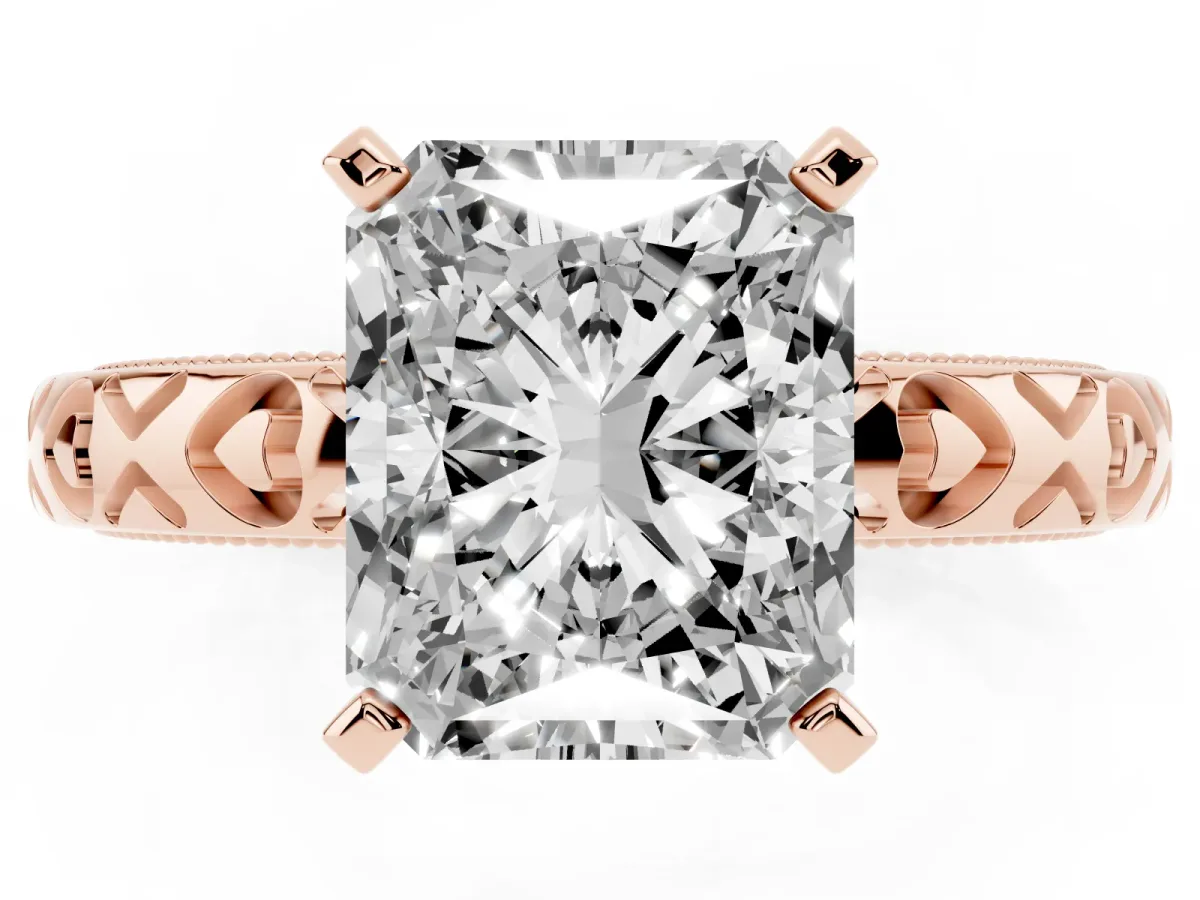 Radiant Cut Solitaire Diamond Engagement Ring with XO Engraved Band and Four-Prong Setting Rose gold