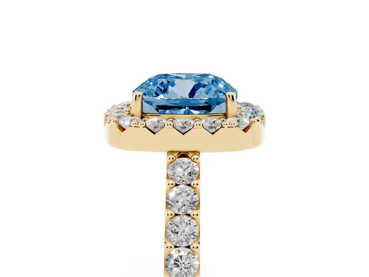 Fancy Blue Cushion Cut Halo Diamond Pavé Solitaire Ring Yellow gold