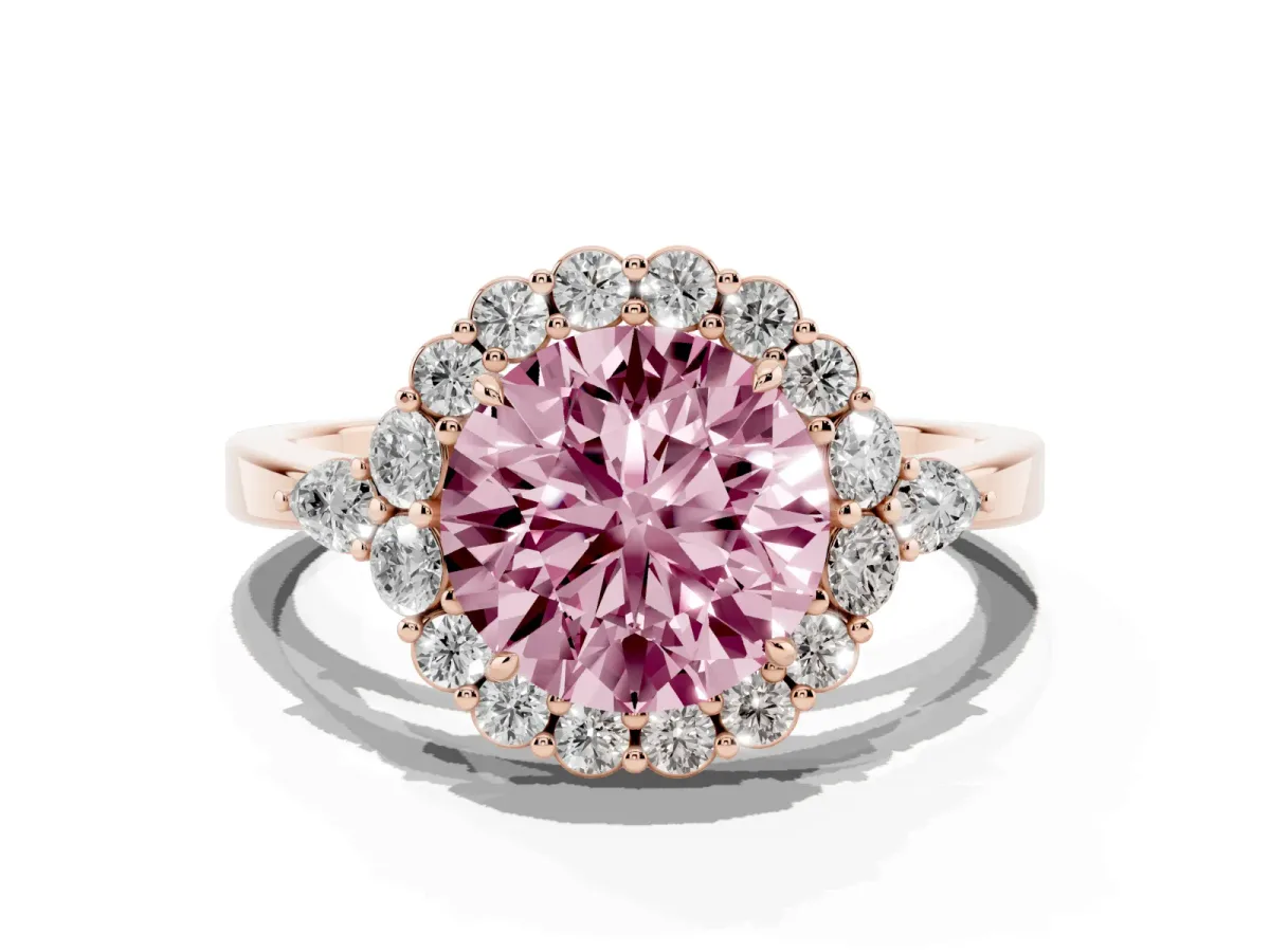 Fancy Pink Round Cut Diamond Halo Ring with Pear Side Stones and Prong Setting Rose gold