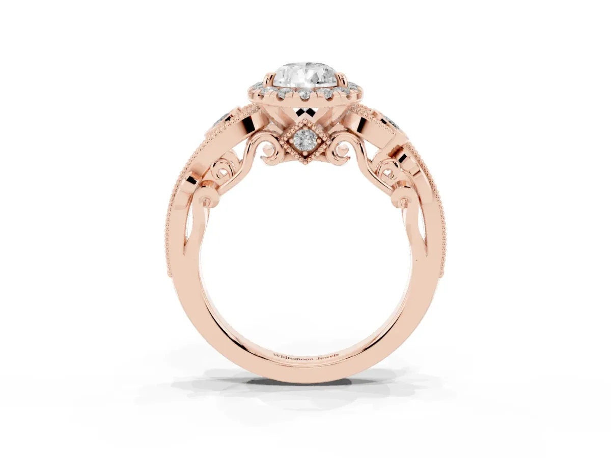 Pear Cut Diamond Halo Ring with Milgrain Pavé Band and Four-Prong Setting Rose gold