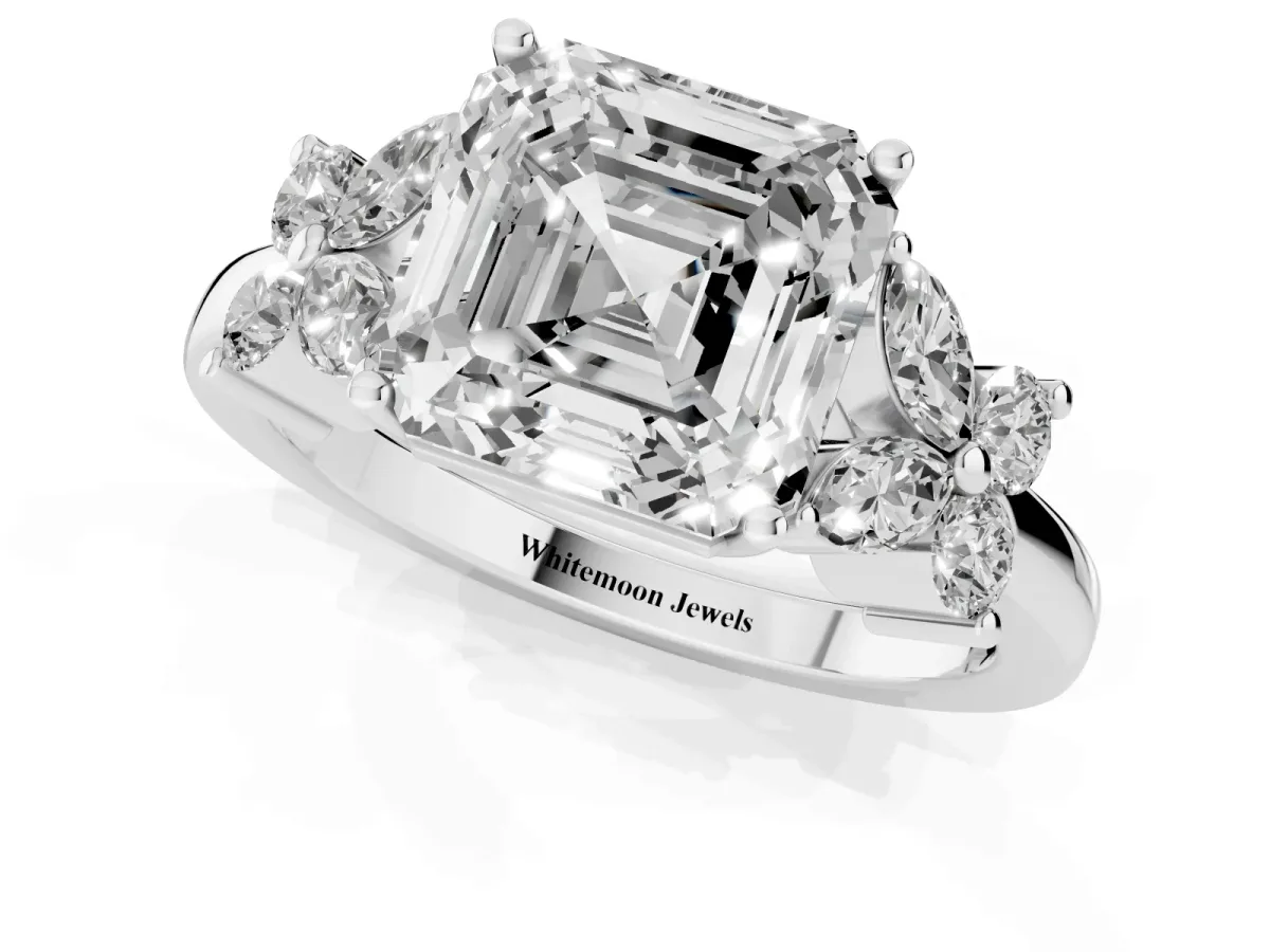 Asscher Cut Diamond Floral Cluster Ring with Solitaire Band and Prong Setting Silver