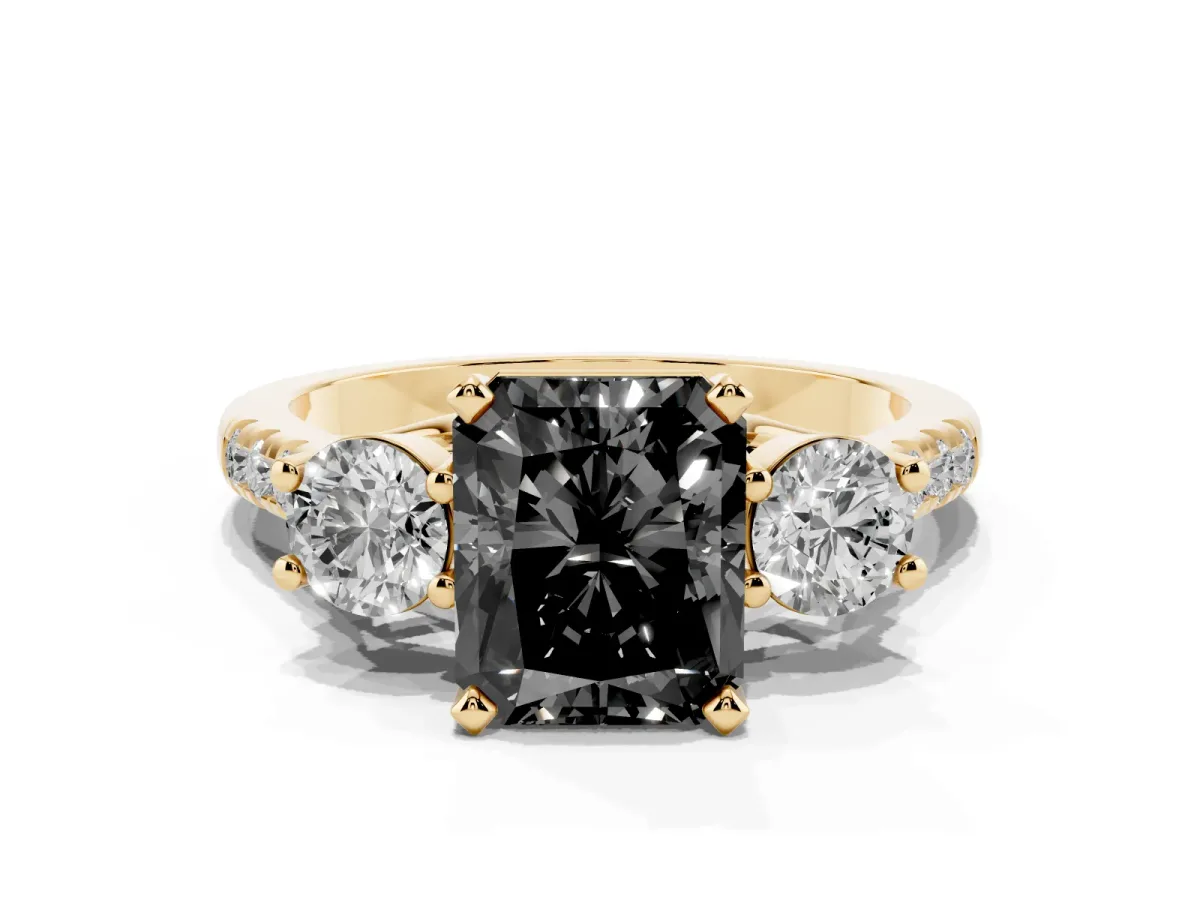 Fancy Black Three-Stone Radiant Cut Diamond Pavé Band with Four-Prong Setting Yellow gold