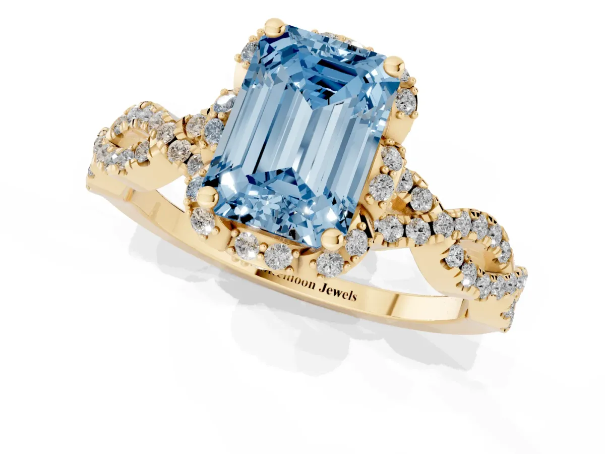 Fancy Blue Emerald Cut Halo Twist Band Solitaire Ring with Six-Prong Setting Yellow gold