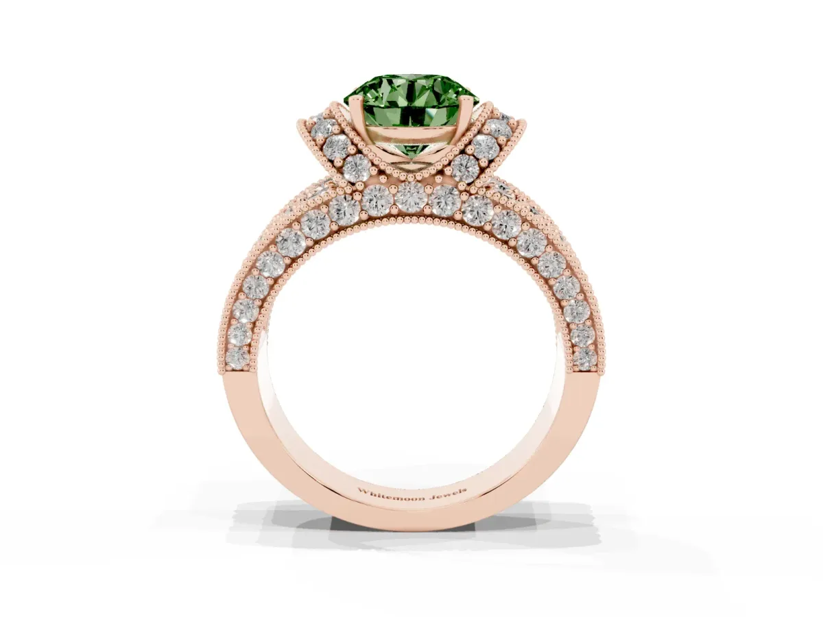 Fancy Green Round Cut Halo Pave Diamond Engagement Ring with Milgrain Detailing Rose gold