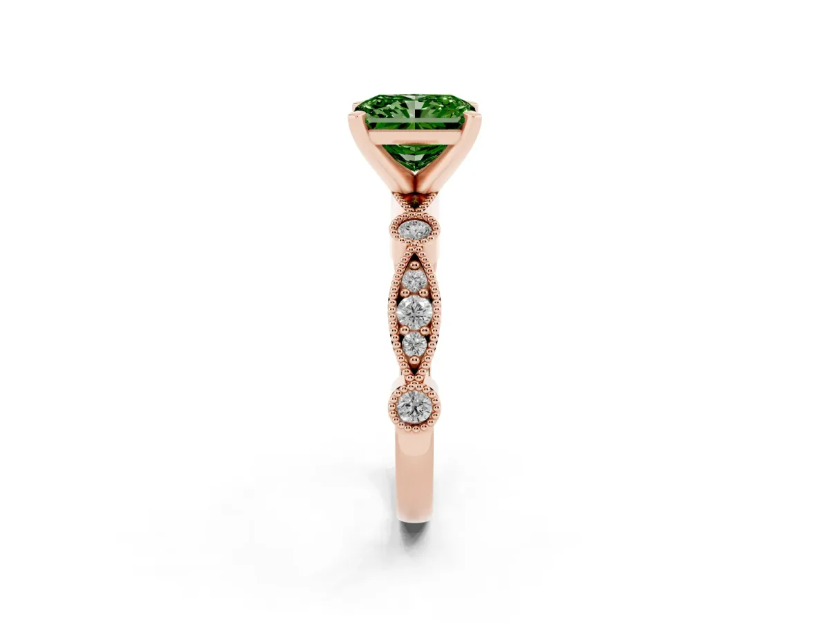Fancy Green Radiant Cut Milgrain Bezel Diamond Engagement Ring with Solitaire Prong Setting Rose gold