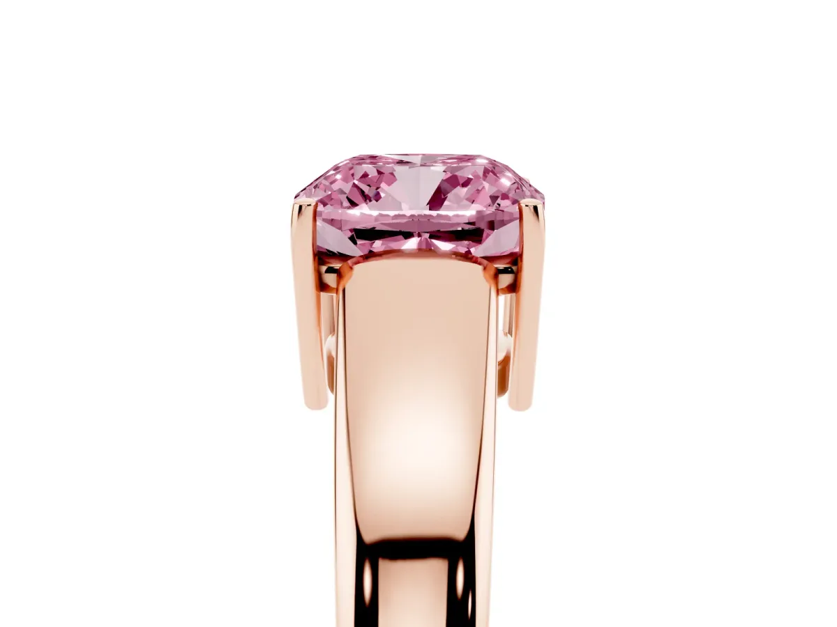 Fancy Pink Cushion Cut Solitaire Diamond Ring with Tapered Band and Four-Prong Setting Rose gold
