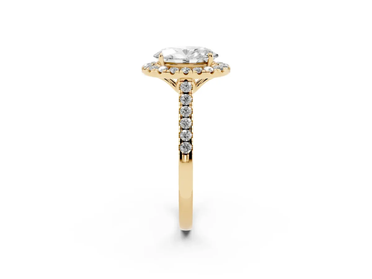 Oval Cut Halo Pavé Diamond Engagement Ring with Four-Prong Setting Yellow gold
