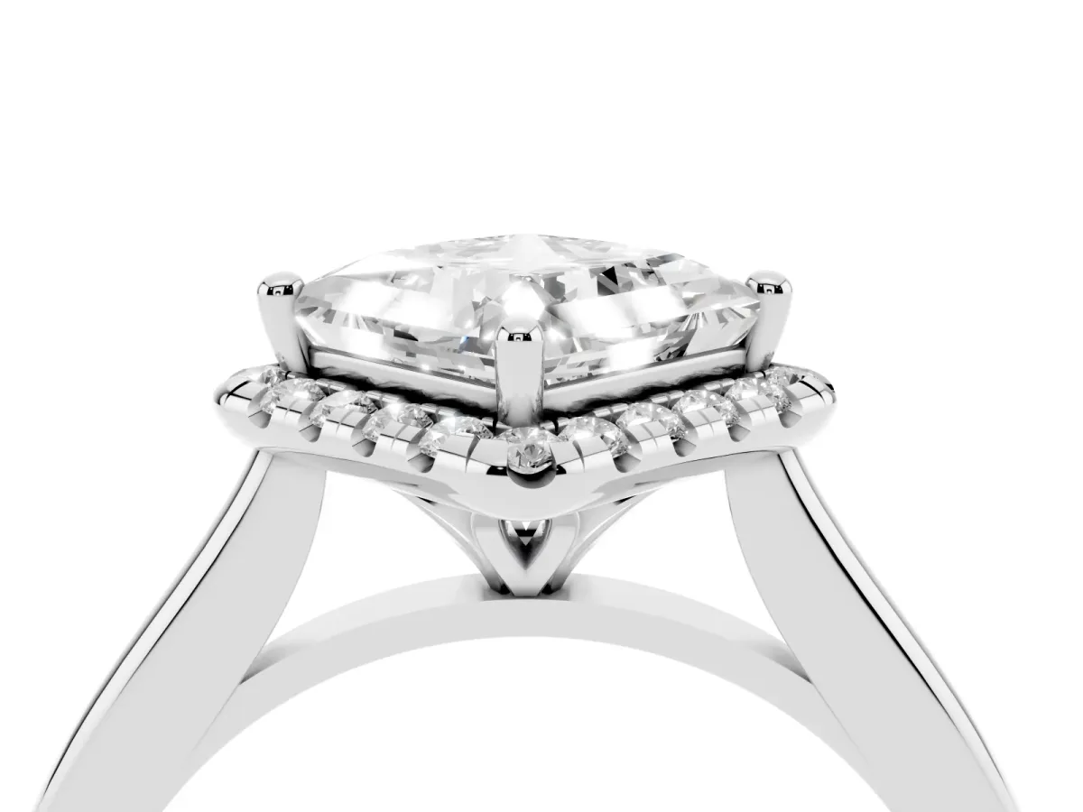Princess Cut Halo Round Diamond Solitaire Engagement Ring with Pave Band and Four-Prong Setting White gold