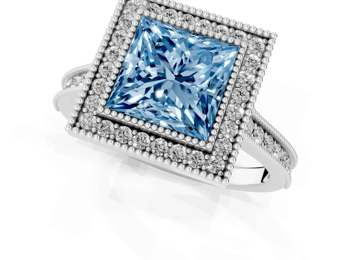 Fancy Blue Halo Princess Cut-Cut Diamond Pave Band Milgrain Prong Setting Ring Silver