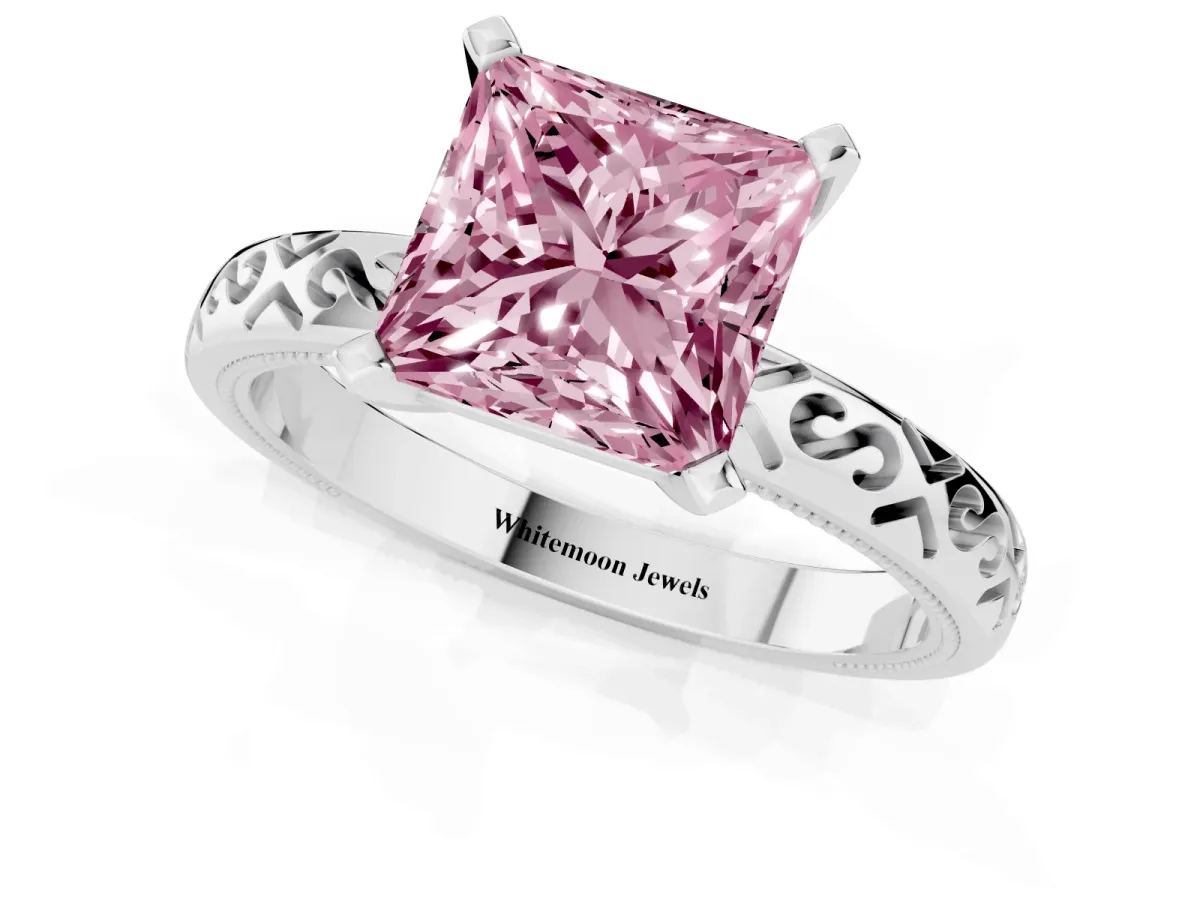 Fancy Pink Princess Cut Solitaire Engagement Ring with Scrollwork Band and Four-Prong Setting Silver