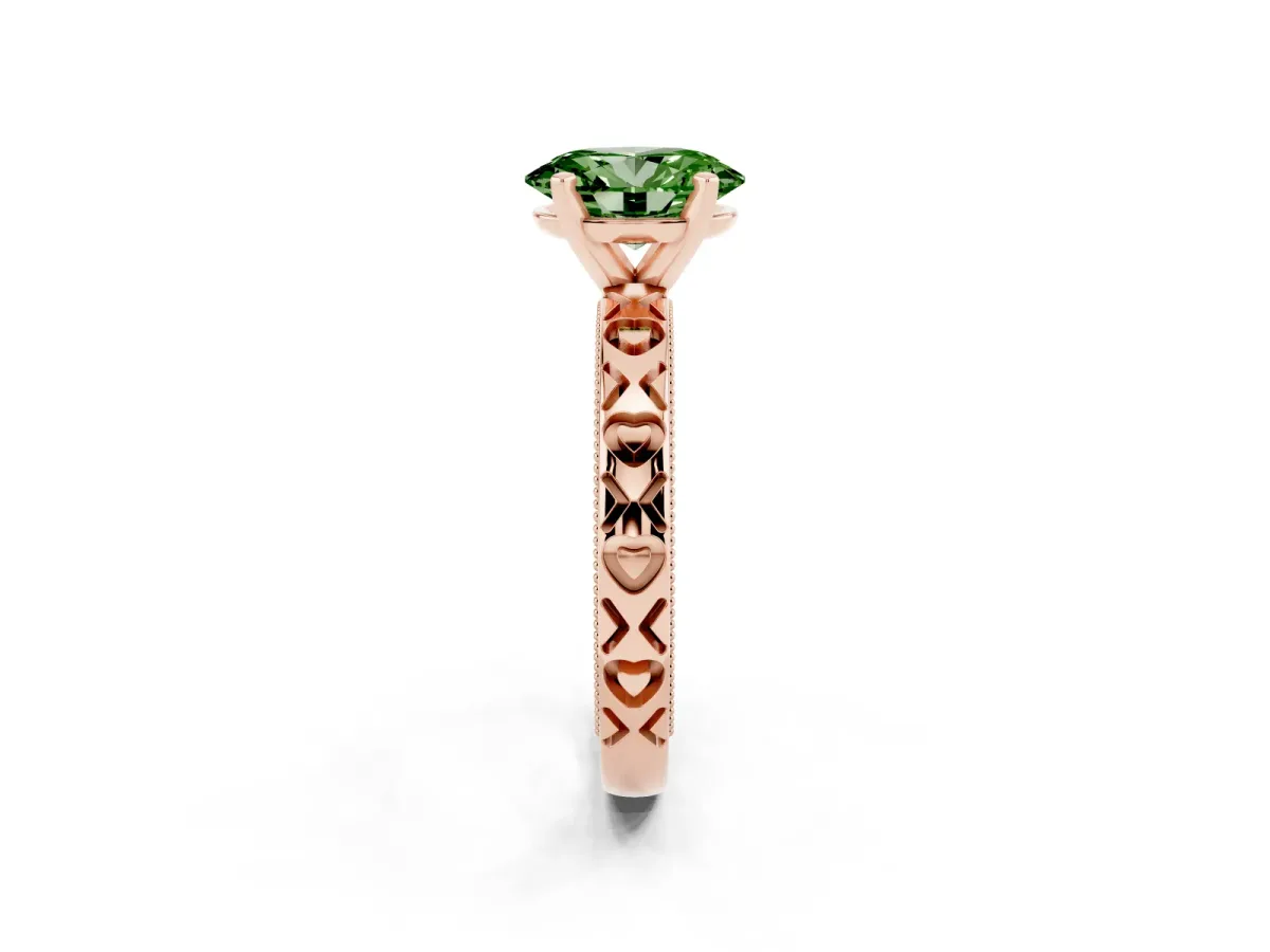Fancy Green Oval Cut Solitaire Diamond Engagement Ring with XO Engraved Band and Four-Prong Setting Rose gold