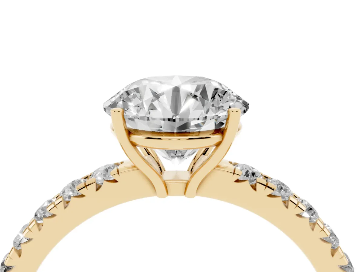 Round Cut Diamond Pavé Solitaire Engagement Ring with Four-Prong Setting Yellow gold