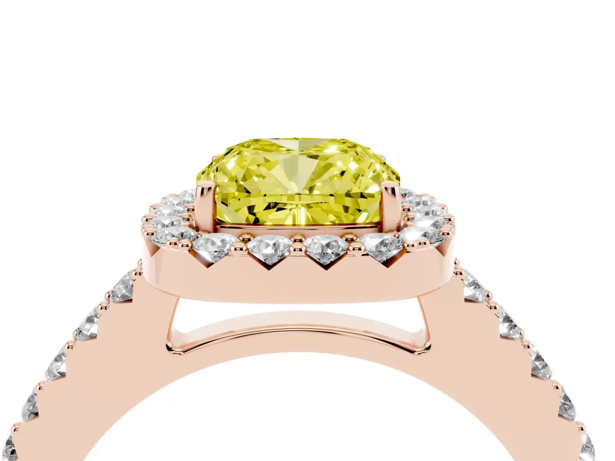 Fancy Yellow Cushion Cut Halo Diamond Pavé Solitaire Ring Rose gold