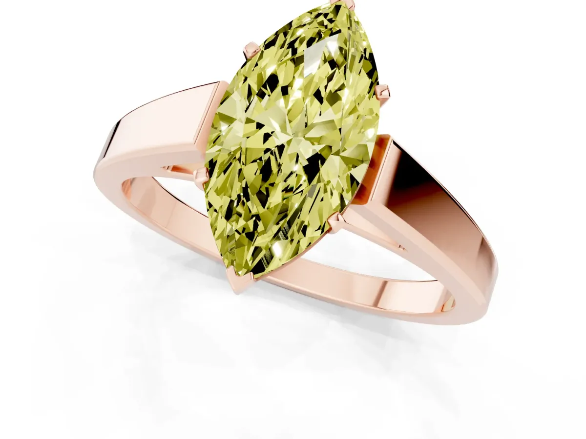 Fancy Yellow Marquise Cut Solitaire Engagement Ring with Four-Prong Setting and Tapered Band Rose gold