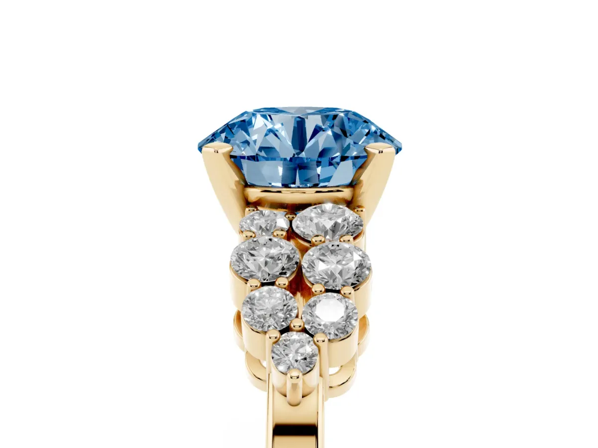 Fancy Blue Round Cut Cluster Diamond Engagement Ring with Pavé Band and Four-Prong Setting Yellow gold