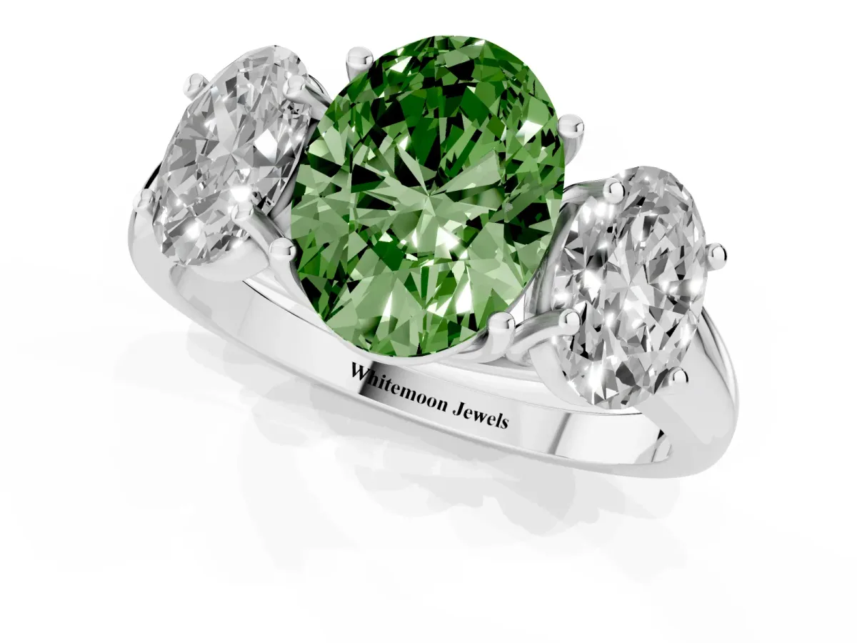 Fancy Green Three-Stone Oval Cut Diamond Engagement Ring with Prong Setting Platinum