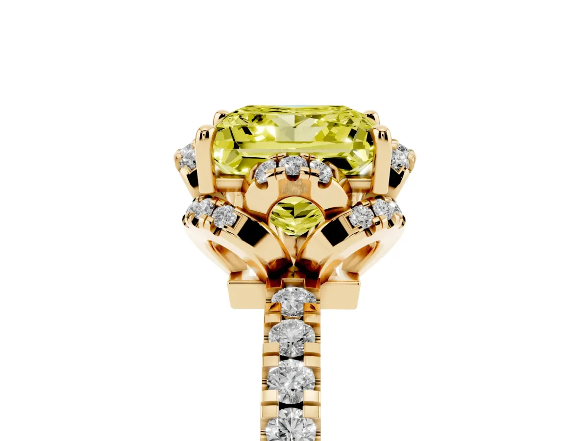 Fancy Yellow Princess Cut Halo Diamond Pave Band Ring with Four-Prong Setting Yellow gold