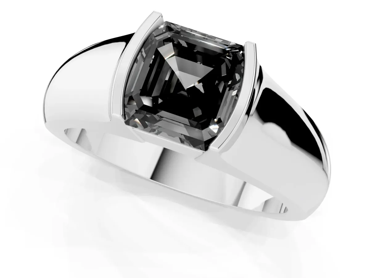 Fancy Black Asscher Cut Solitaire Bezel Set Diamond Ring with Wide Band Platinum
