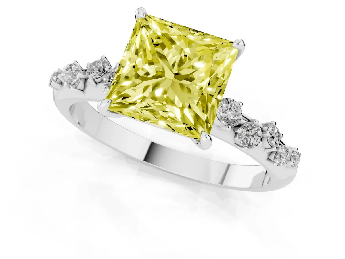 Fancy Yellow Princess Cut Diamond Cluster Prong-Set Solitaire Ring Silver