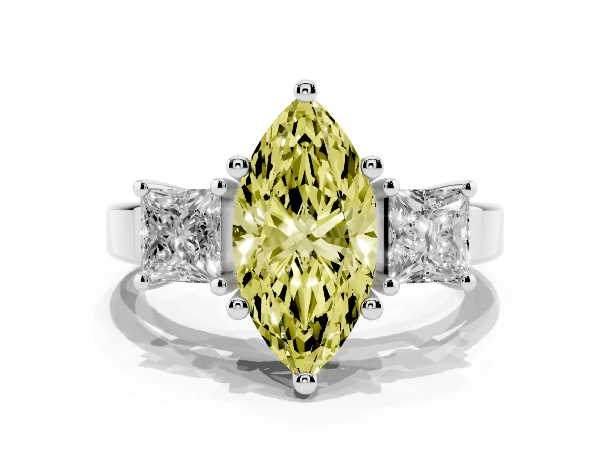 Fancy Yellow Three-Stone Marquise Cut Cut Solitaire Ring with Prong Setting Silver