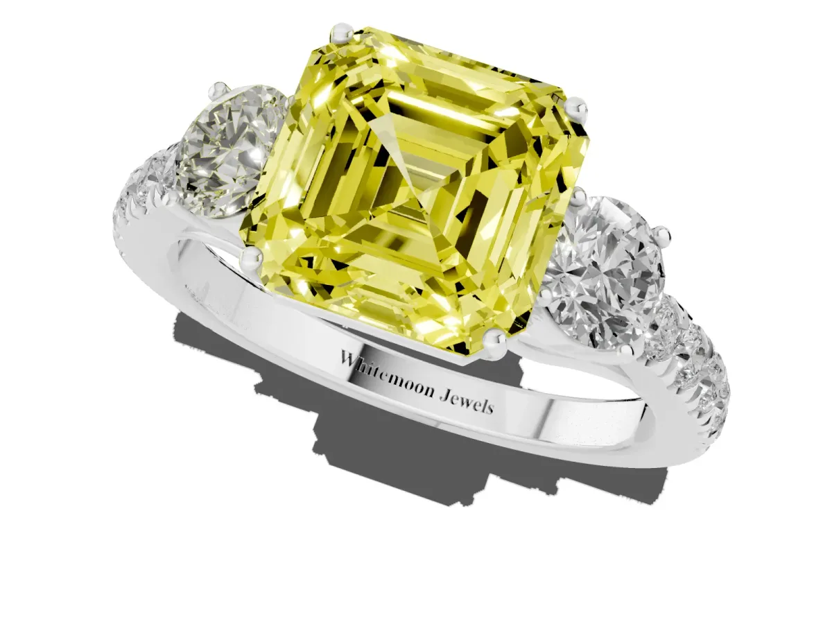 Fancy Yellow Asscher Cut Cut Diamond Three-Stone Ring with Round Side Stones and Pavé Band Silver