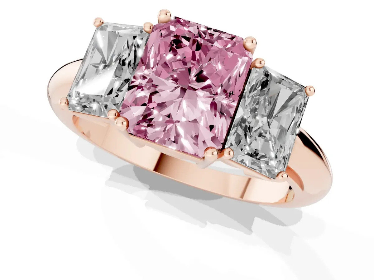 Fancy Pink Three-Stone Radiant Cut Cut Diamond Engagement Ring with Prong Setting on a White Gold Band Rose gold
