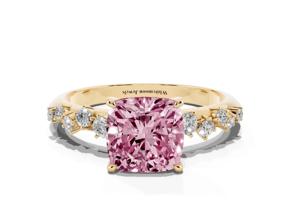 Fancy Pink Cushion Cut Diamond Cluster Side Stone Solitaire Ring with Prong Setting Yellow gold