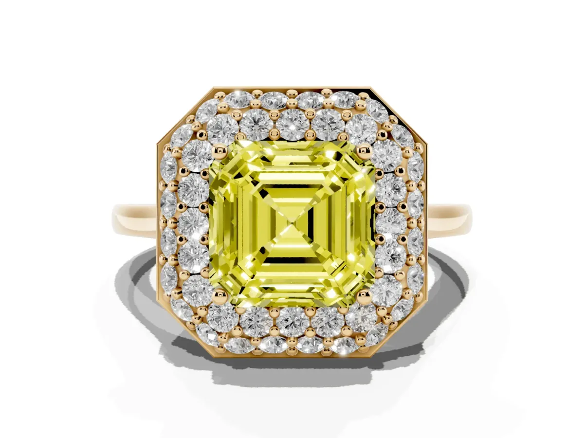 Fancy Yellow Asscher Cut Halo Diamond Engagement Ring with Solitaire Band and Four-Prong Setting Yellow gold