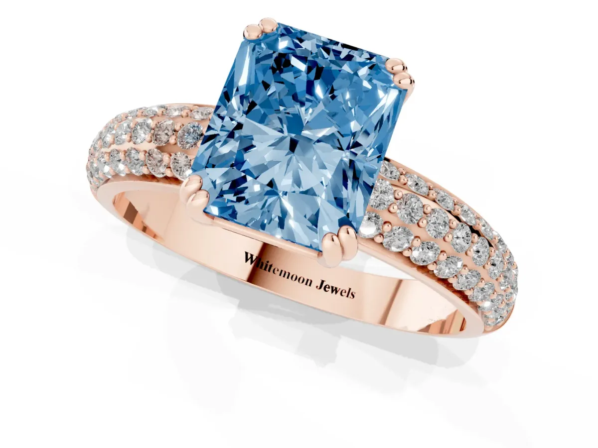 Fancy Blue Radiant Cut Diamond Solitaire Ring with Multi-Row Round Pavé Band and Prong Setting Rose gold