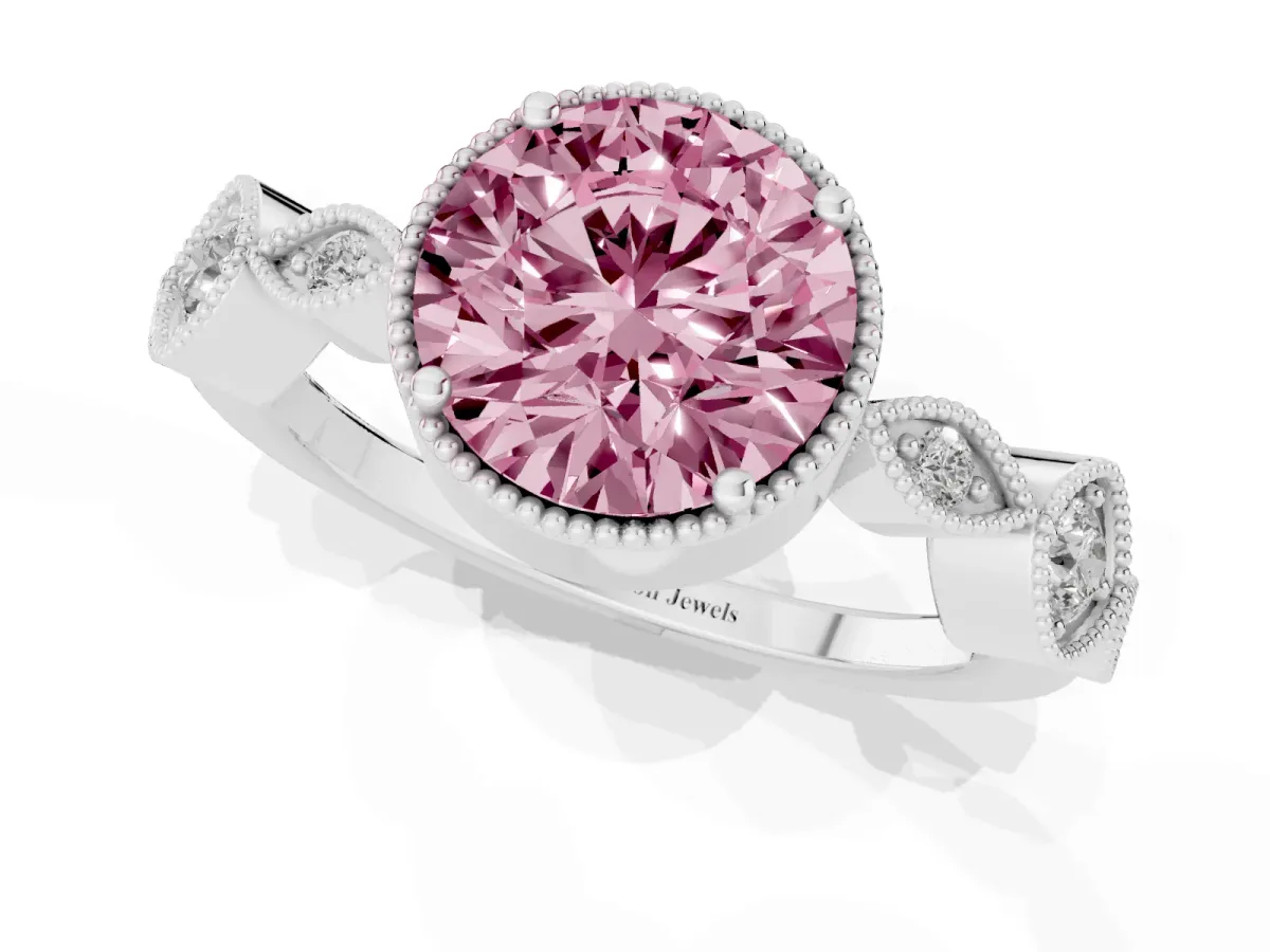 Fancy Pink Round Cut Diamond Vintage Milgrain Ring with Round Stations Silver