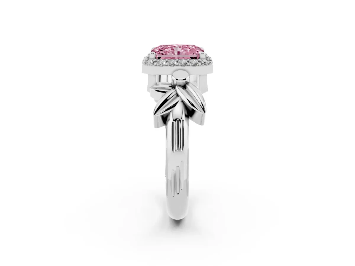 Fancy Pink Radiant Cut Halo Diamond Floral Band with Four-Prong Setting Platinum