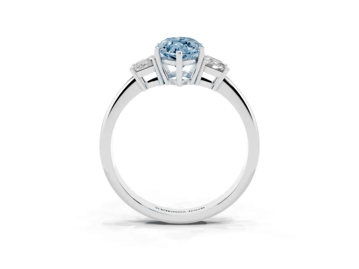 Fancy Blue Marquise Cut Diamond Three-Stone Ring with Trapezoid Side Stones and Prong Setting Silver