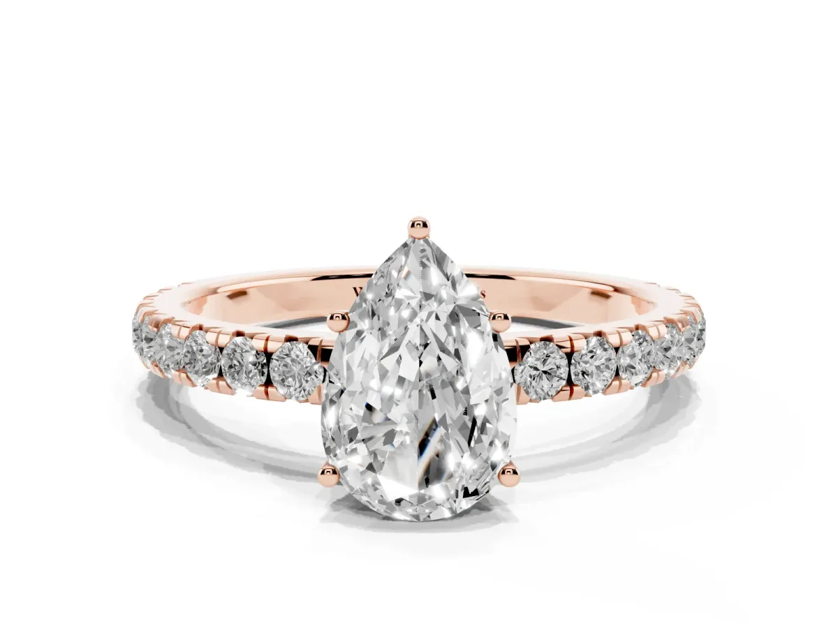 Pear Cut Diamond Pavé Solitaire Engagement Ring with Four-Prong Setting Rose gold