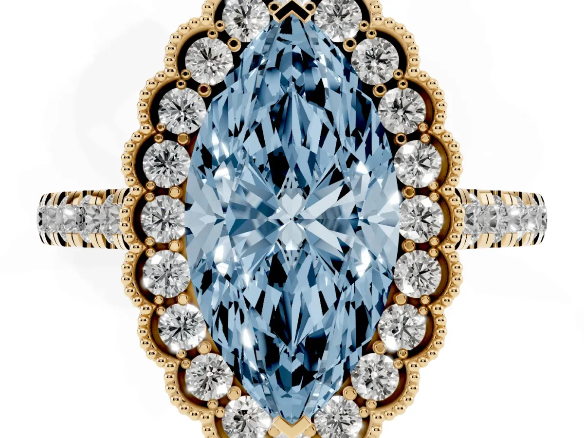 Fancy Blue Marquise Cut Cut Diamond Milgrain Floral Halo Engagement Ring with Pavé Band Yellow gold