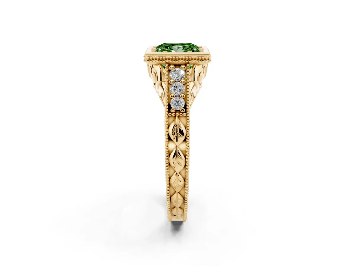 Fancy Green Bezel Set Princess Cut Diamond Milgrain Pave Engagement Ring Yellow gold