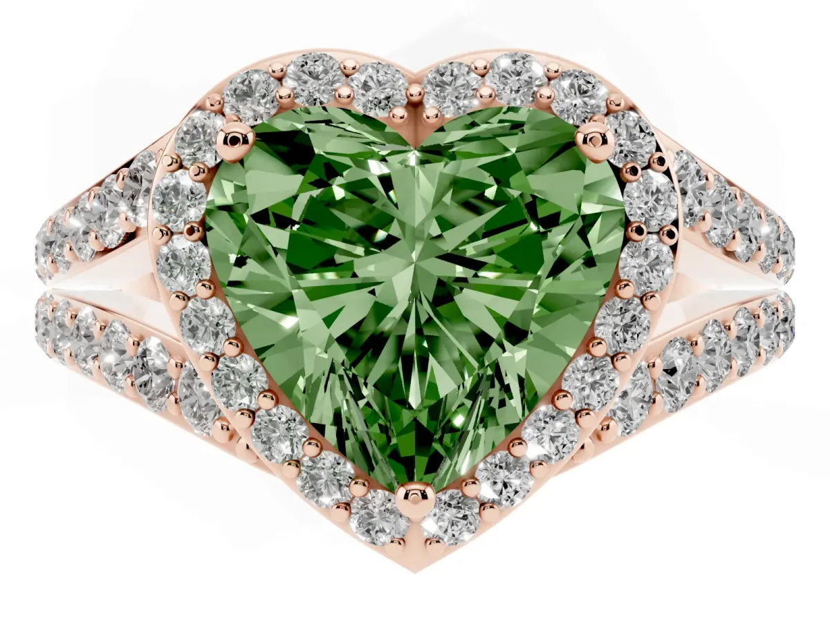 Fancy Green Heart Cut Diamond Split Shank Halo Ring with Four-Prong Setting Rose gold