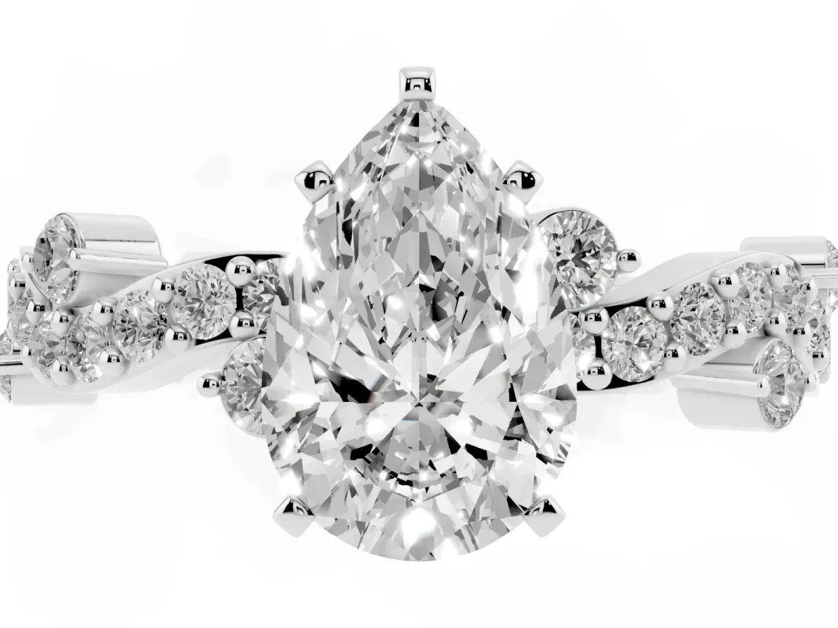 Pear Cut Cut Solitaire Diamond Twisted Band with Pave Setting Silver
