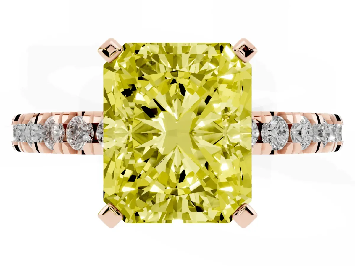 Fancy Yellow Radiant Cut Diamond Pavé Band Solitaire with Four-Prong Setting Rose gold