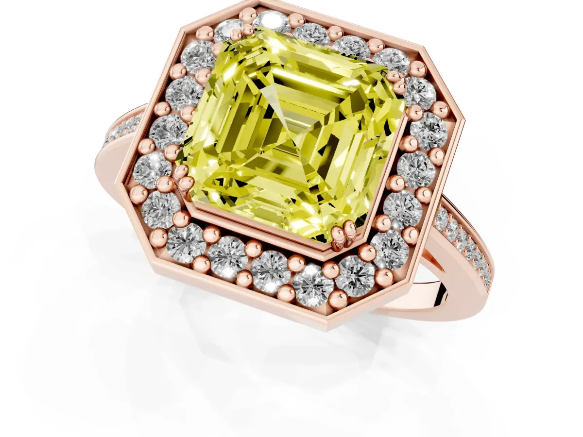 Fancy Yellow Asscher Cut Diamond Halo Ring with Split Shank and Four-Prong Setting Rose gold