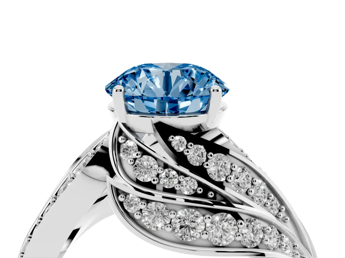 Fancy Blue Round Cut Diamond Solitaire Ring with Prong Setting and Twisted Pavé Band Silver