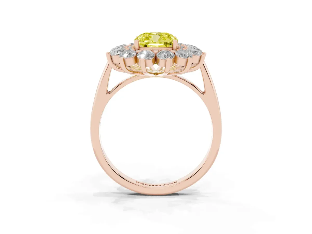 Fancy Yellow Cushion Cut Diamond Floral Double Halo Engagement Ring with Prong Setting Rose gold