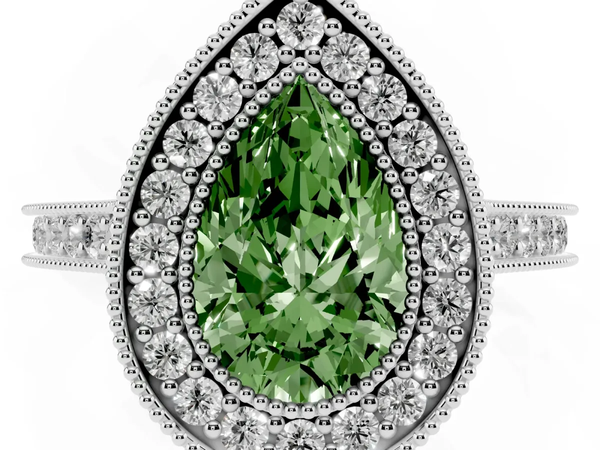 Fancy Green Halo Pear Cut-Cut Diamond Pave Band Milgrain Prong Setting Ring Platinum