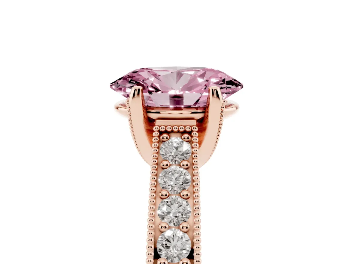 Fancy Pink Oval Cut Cut Diamond Solitaire Ring with Milgrain Pave Band and Four Prong Setting Rose gold