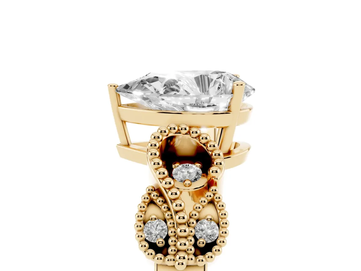 Pear Cut Solitaire Milgrain Leaf Band with Prong Setting Yellow gold