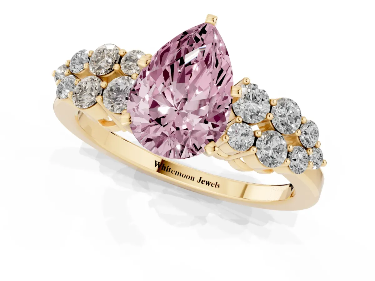 Fancy Pink Pear Cut Cluster Diamond Engagement Ring with Pavé Band and Four-Prong Setting Yellow gold