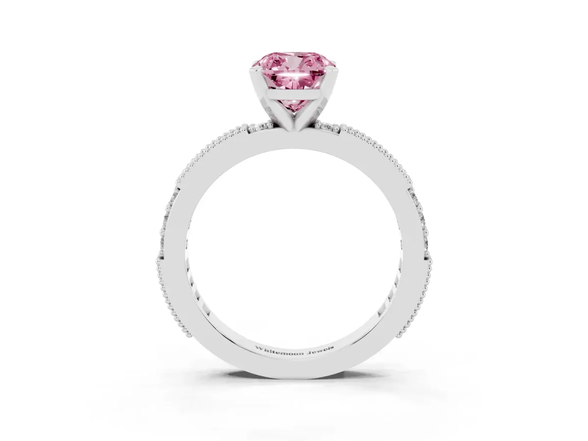 Fancy Pink Cushion Cut Solitaire with Pavé Band and Four-Prong Setting Silver