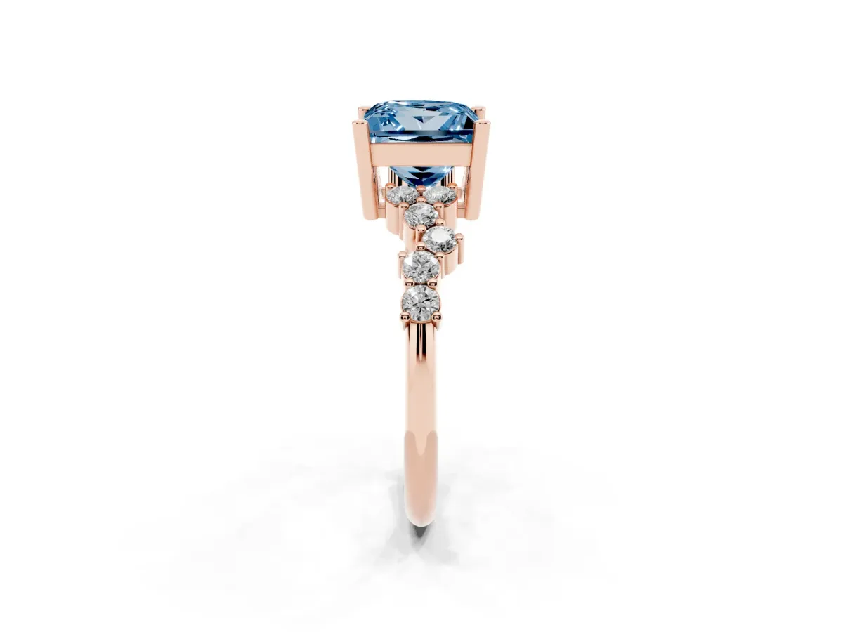 Fancy Blue Princess Cut Diamond Scattered Round Accent Ring with Prong Setting Rose gold