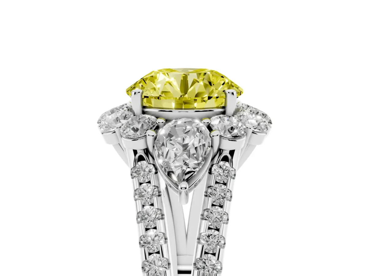 Fancy Yellow Round Cut Halo Split Shank Diamond Engagement Ring with Prong Setting Silver