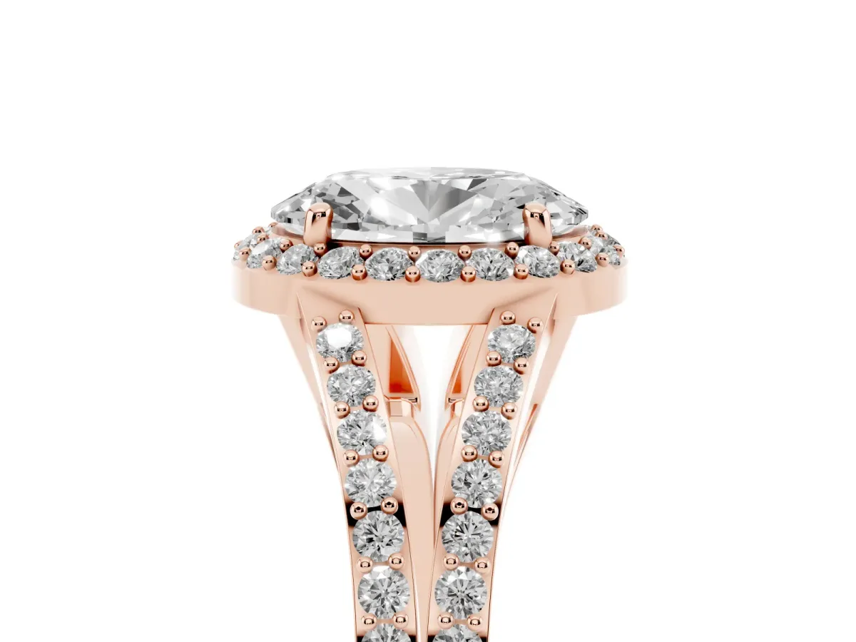 Oval Cut Halo Split Shank Diamond Ring with Prong Setting Rose gold