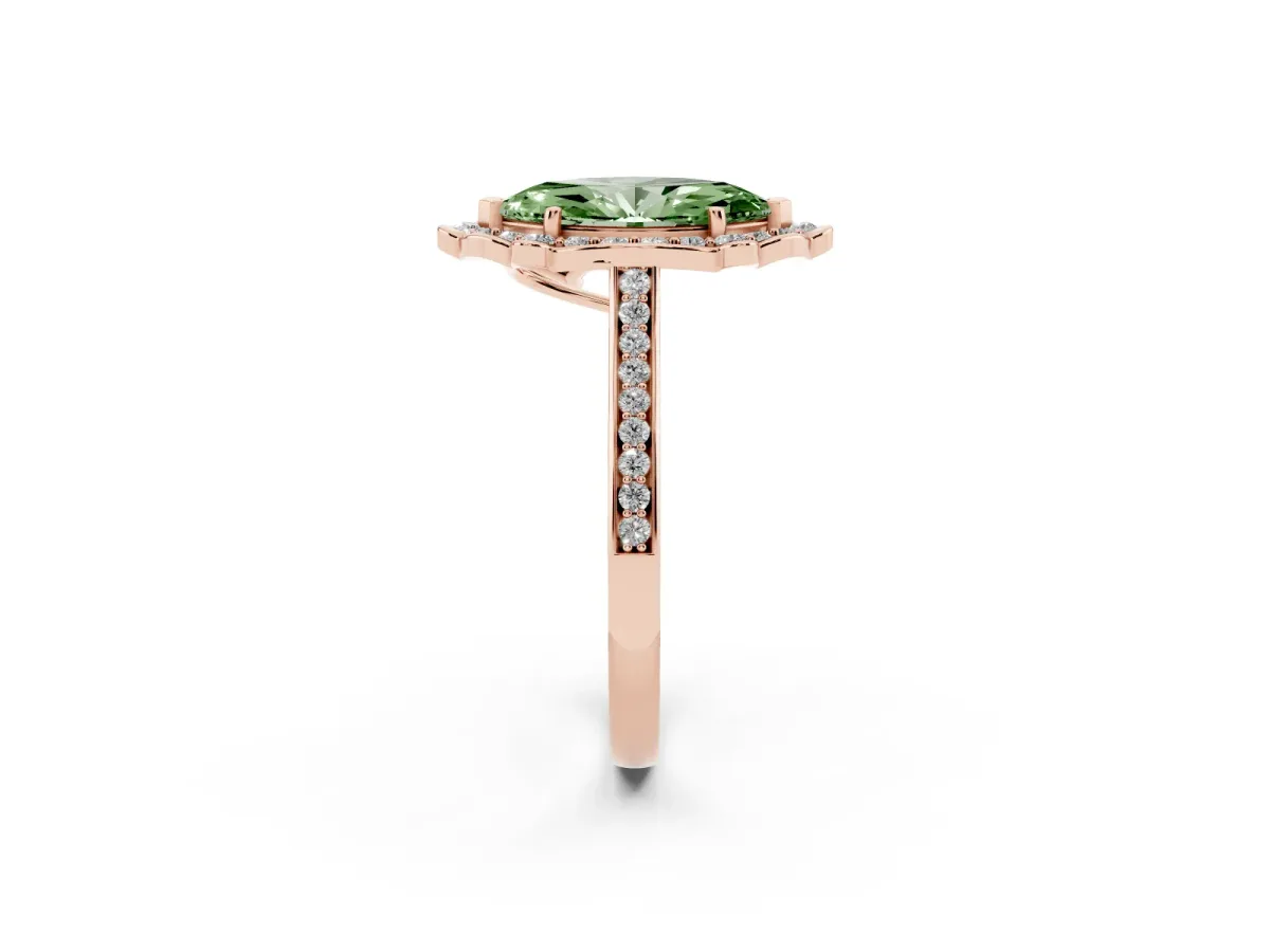 Fancy Green Marquise Cut Halo Round Diamond Pave Band with Four-Prong Setting Rose gold